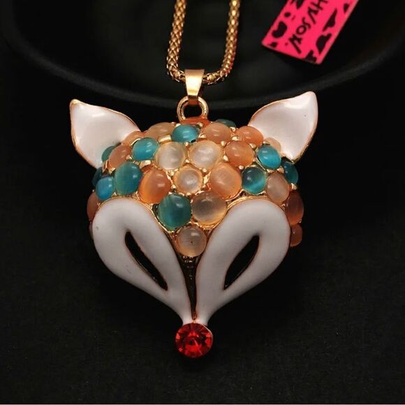 Crystal Multicolor Cat Eye Enamel Fox Head Pendant Necklace NWOT - Picture 1 of 4